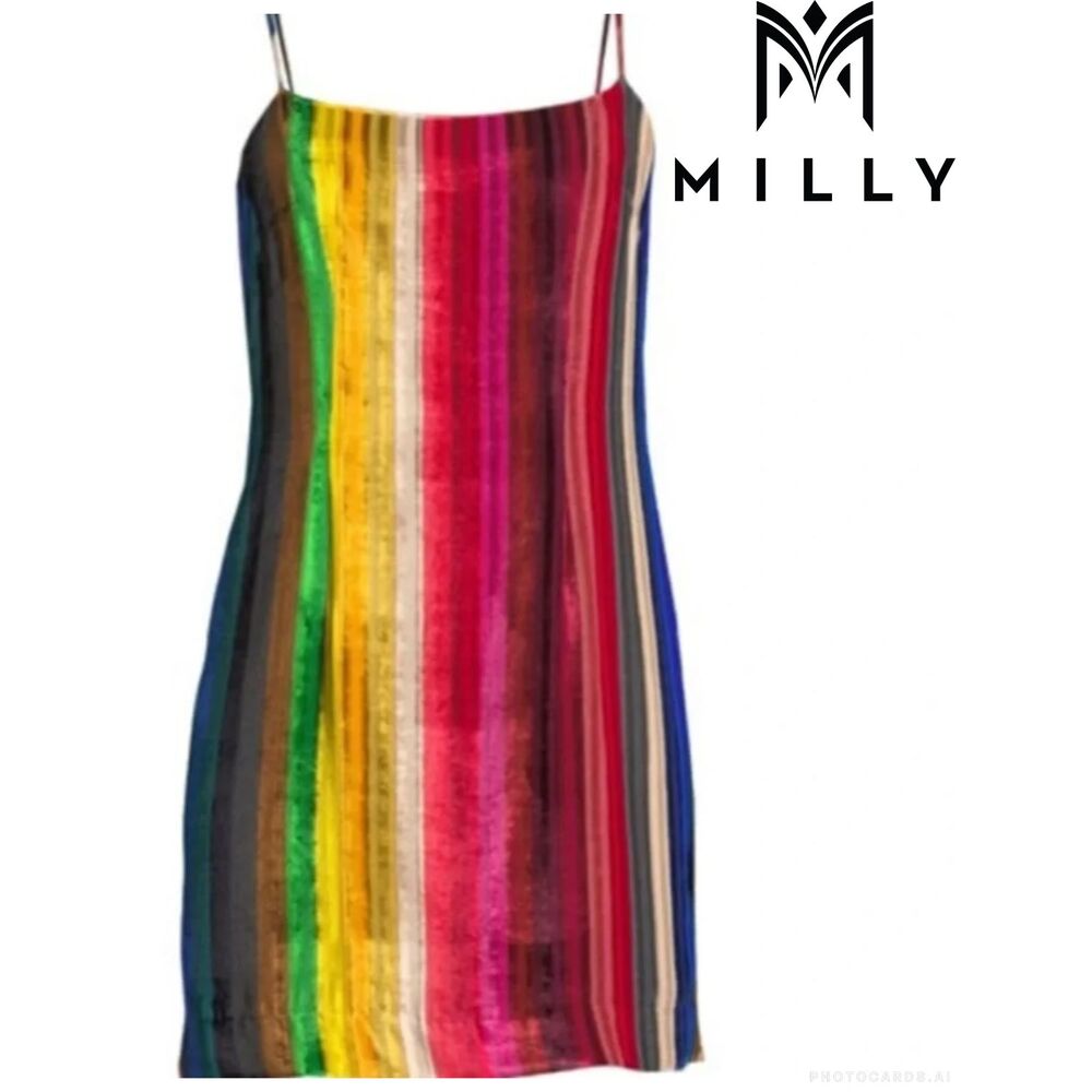 NWOT Milly Rainbow Stripe Velvet Slip Dress Size 4
